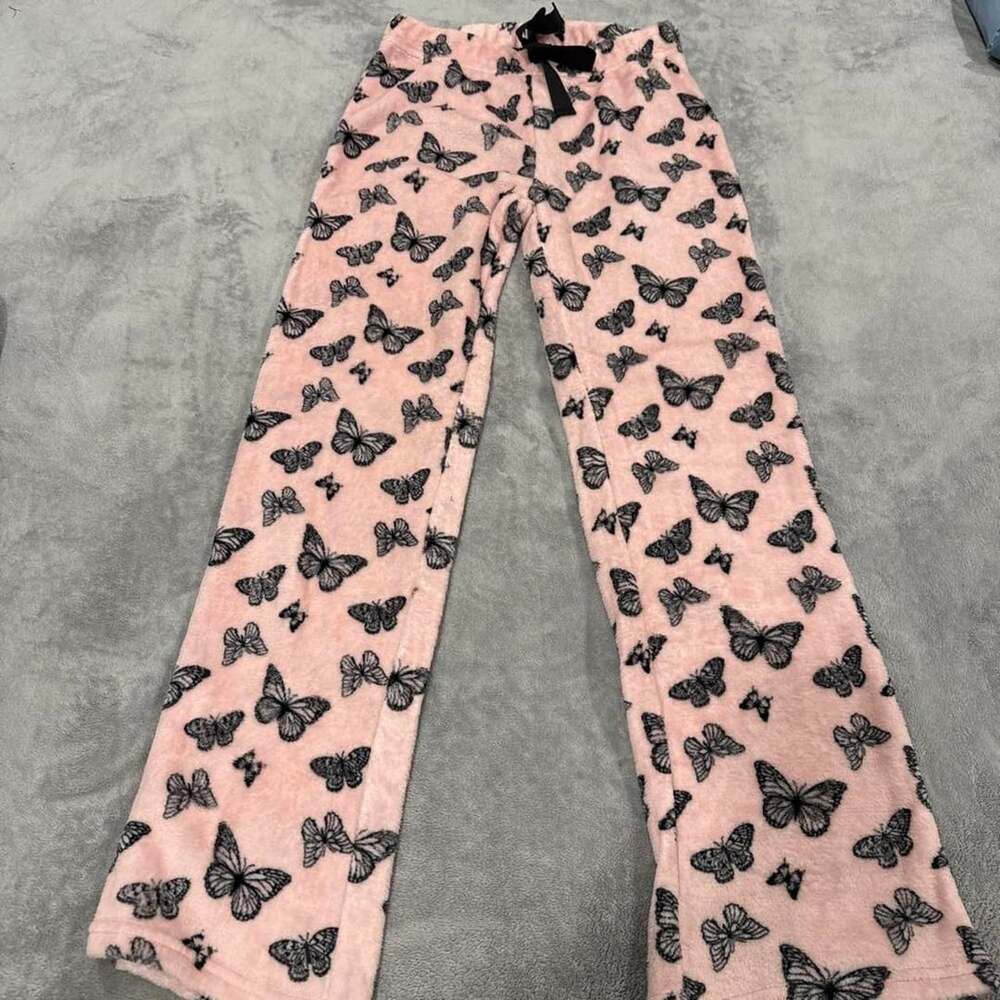 Forever 21 Butterfly Pajama Pants Size S Pink Black Fleece